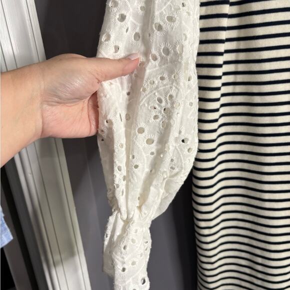 English Factory Navy Blue and White Striped Sheath Dress With Eyelet Sleeves Sm - Picture 4 of 6